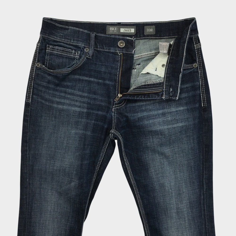 BKE Jake Straight Leg Jeans Mens 33R Dark Wash Stretch Denim Blue‎ Denim Pants